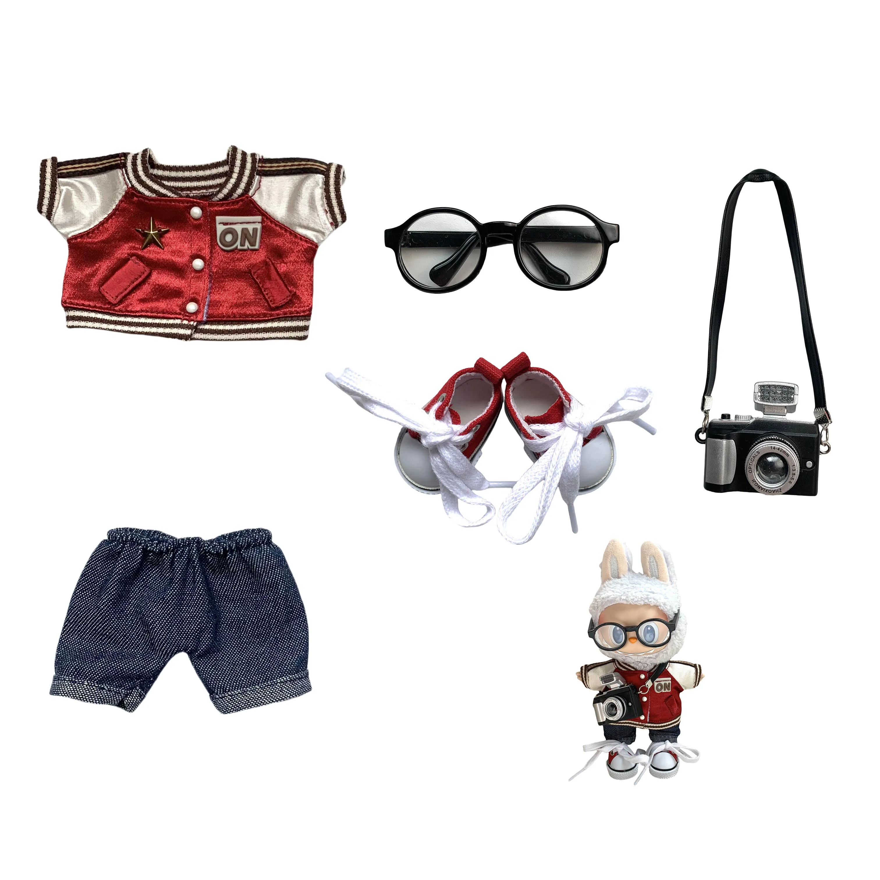 مجموعة سترة البيسبول الحمراء إكسسوارات ملابس الدمى لملابس الدمى القطيفة 15/17 سنتيمتر Labubu V2 V3