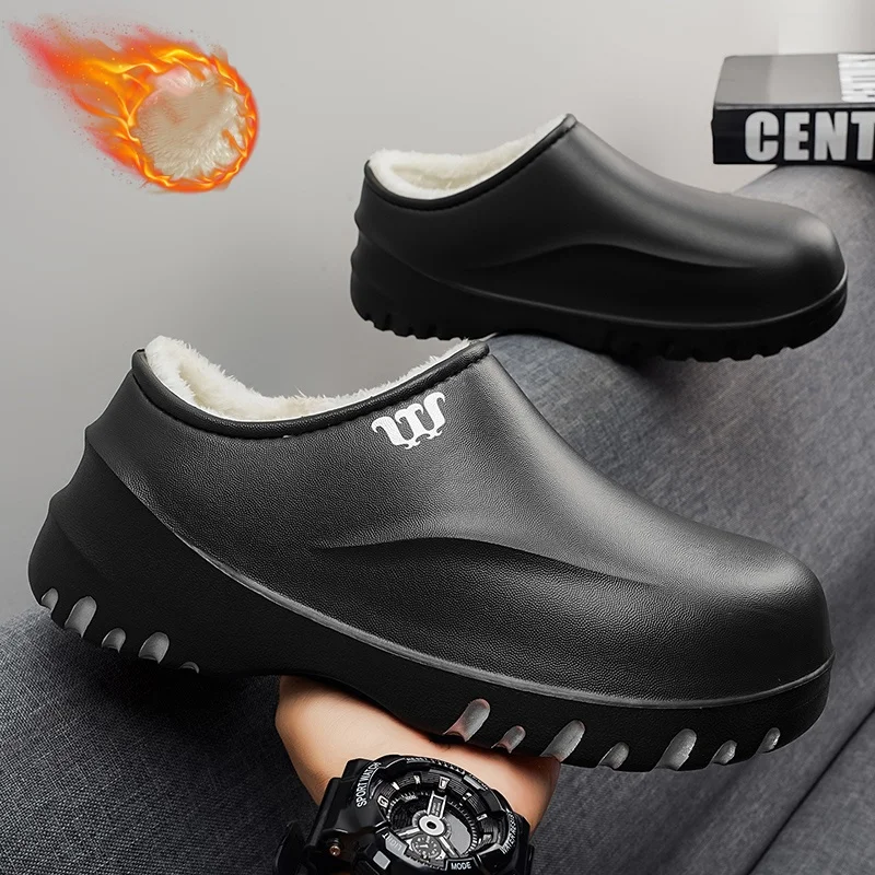 Men's Kitchen Cold-Proof Labor Protection Chef Shoes, One-Piece Design, Fleece-Lined, Thick-Soled, Non-Slip Work Cotton Shoes