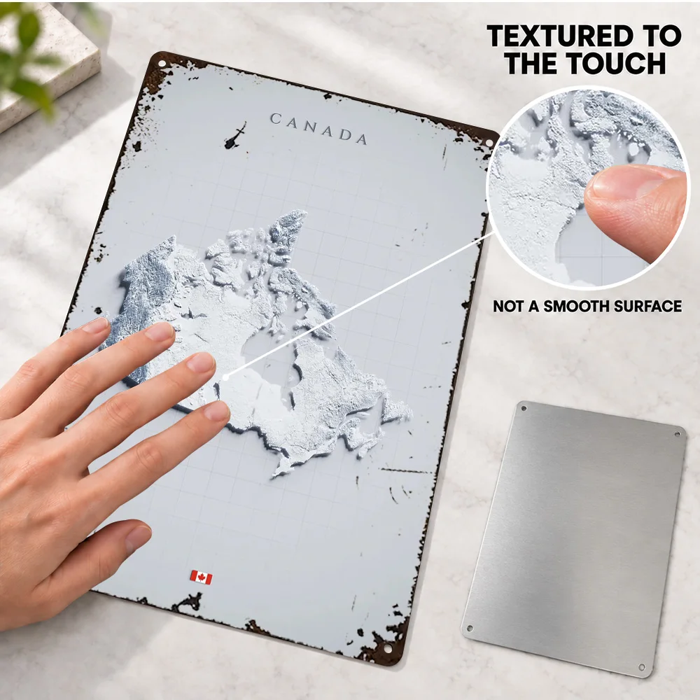 Canada Terrain Map Aluminum Poster Personalized Metal Sign White Relief Effect Wall Art For Office Reception Housewarming Gift