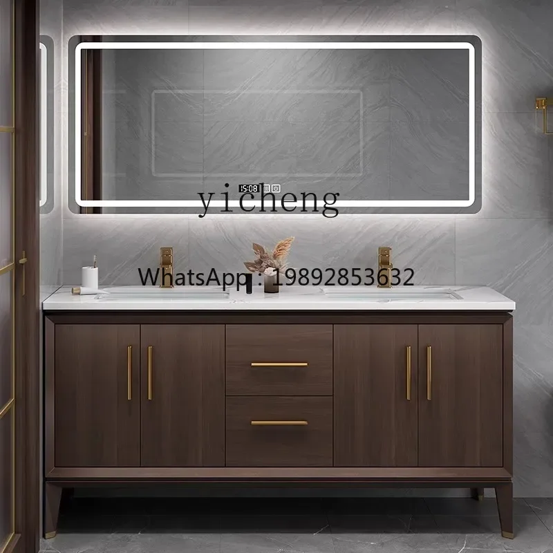 

bathroom cabinet combination floor-to-ceiling face wash basin solid wood rock slab double basin bathroom washstand