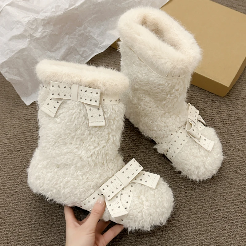 الفراء الشقق المرأة حذاء من الجلد الدافئة قصيرة أفخم الثلوج الأحذية موضة أحذية الشتاء 2025 أحذية قطنية الراحة غير رسمية Mujer De Botas #3