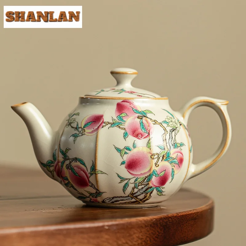 250ml Imitation Song Rice Yellow Ru Kiln Teapot Antique Peach Branch Pot Household Tea Soaking Kettle Tableware Accessories Gift