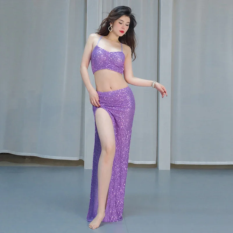 Ensemble de costumes de danse du ventre pour femmes, haut et jupe d'été, débardeur à paillettes pour adultes, vêtements d'entraînement sur scène