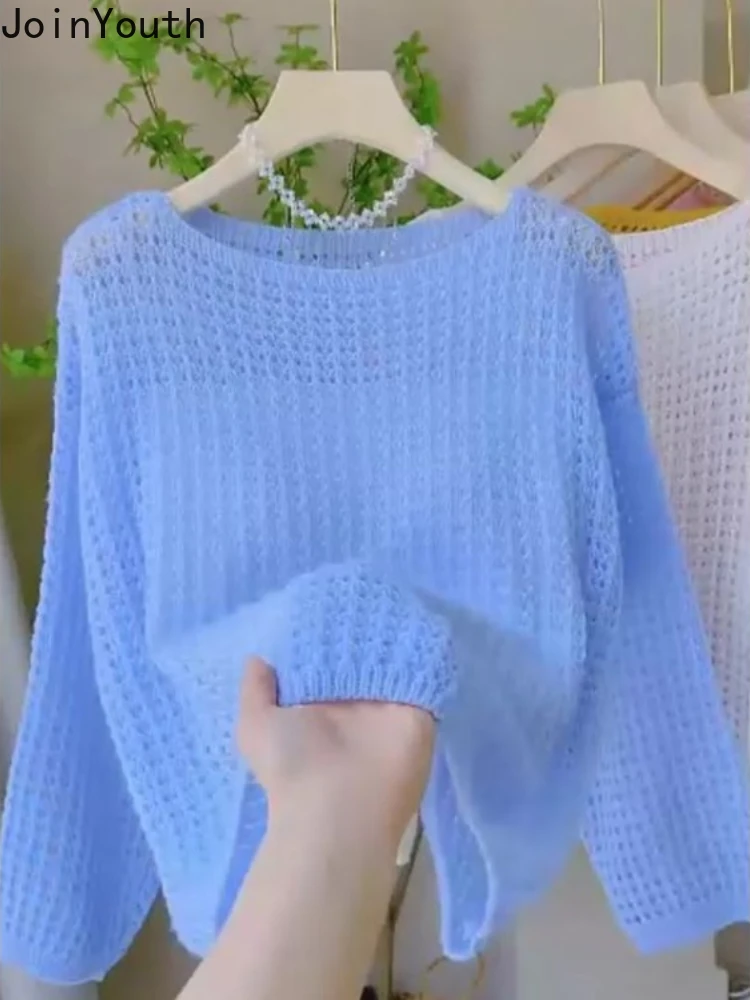 Jersey de manga larga con cuello redondo para Mujer, suéter corto de punto calado fino, Tops a la moda, 2024