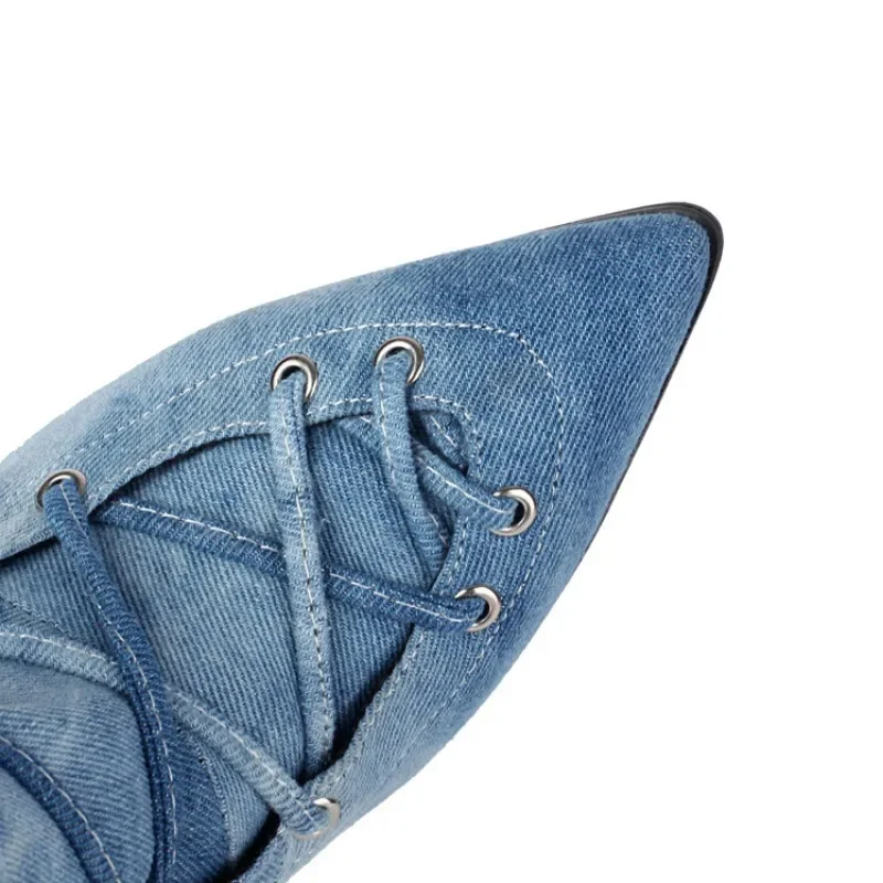 New Blue Denim Cross Strap Mid-calf Boots Autumn Winter Fashion Black 8cm High Heel Plush Warm Women's Long Boots Size 34-48
