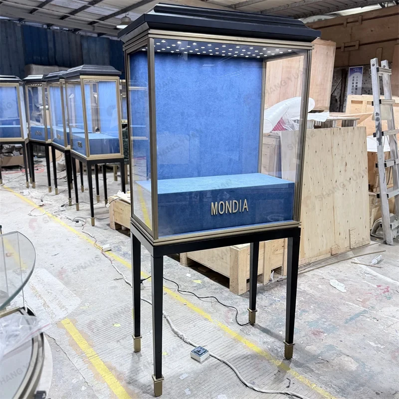 custom.Custom Blue Velvet Black Gold Jewelry Display Showcase Cabinets LED Lighted Fine Gems Tower Retail Boutique