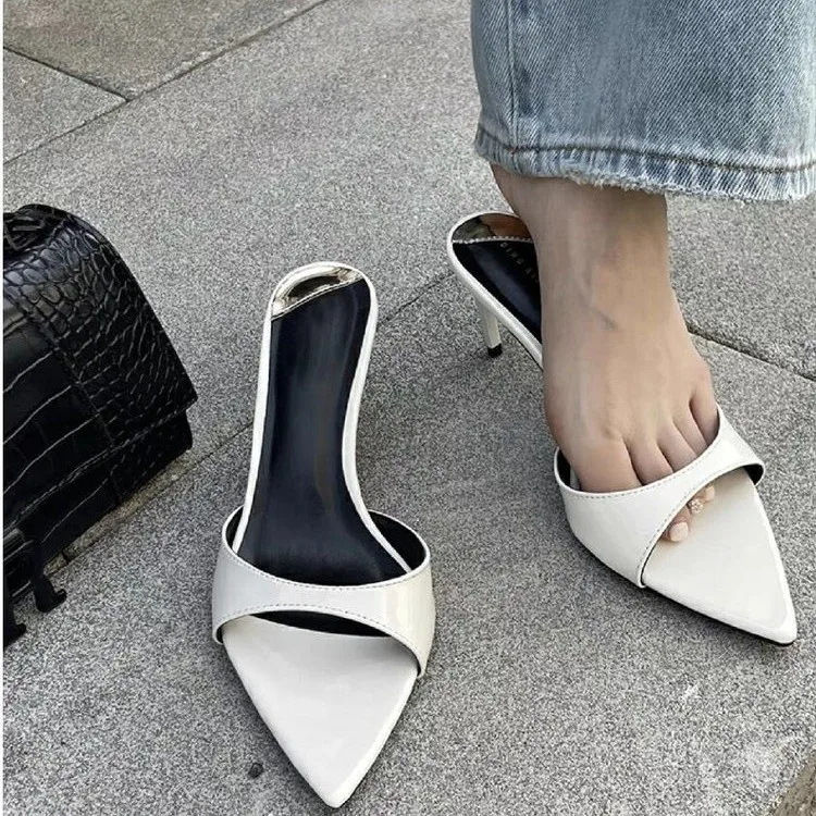 2025 Fashion Sexy PU Shallow Slim High HeelsWomen\'s Pointed Open Toe Outdoor Solid Color Anti Slip Sandals Slippers Mules