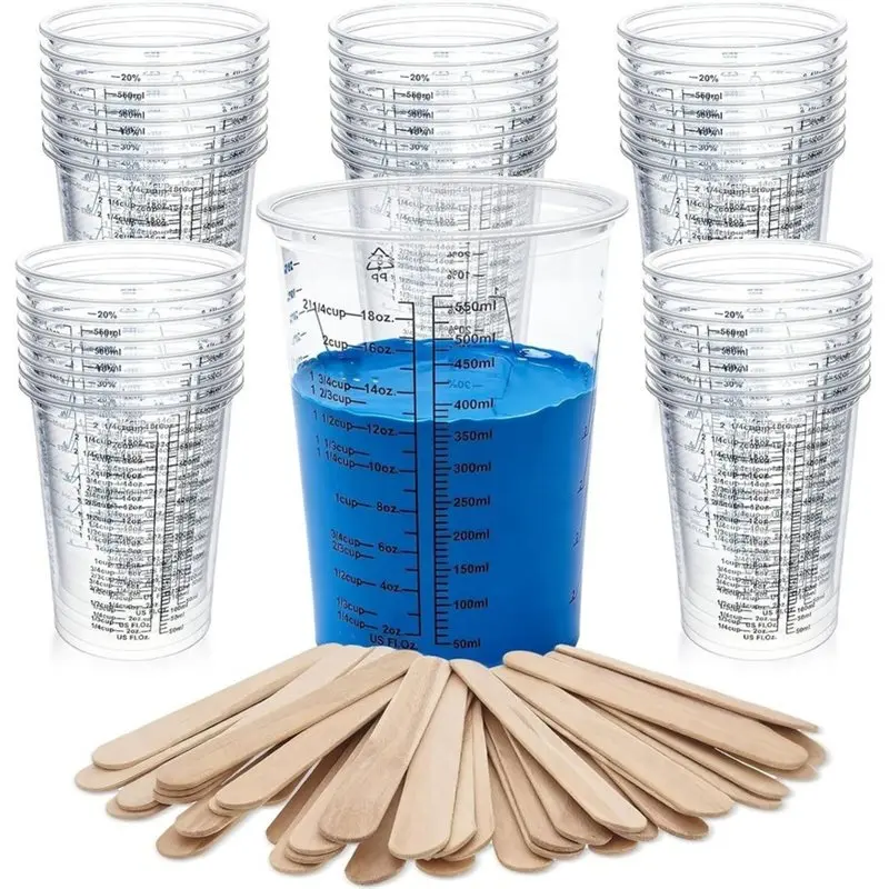 SHGO-Disposable Epoxy Mixing Cups 50-Pack 20 Oz(600 Ml), Includes 50 Wooden Stir Sticks- Measuring Tool For Resin& Liquid Projec