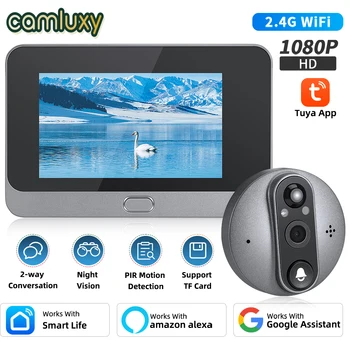 Camluxy Smart Tuya 1080P WiFi Doorbell Eye Peephole Camera 5000mAh Audio 4.3' PIR Motion Detection Alexa Google Digital Doorbell Viewer
