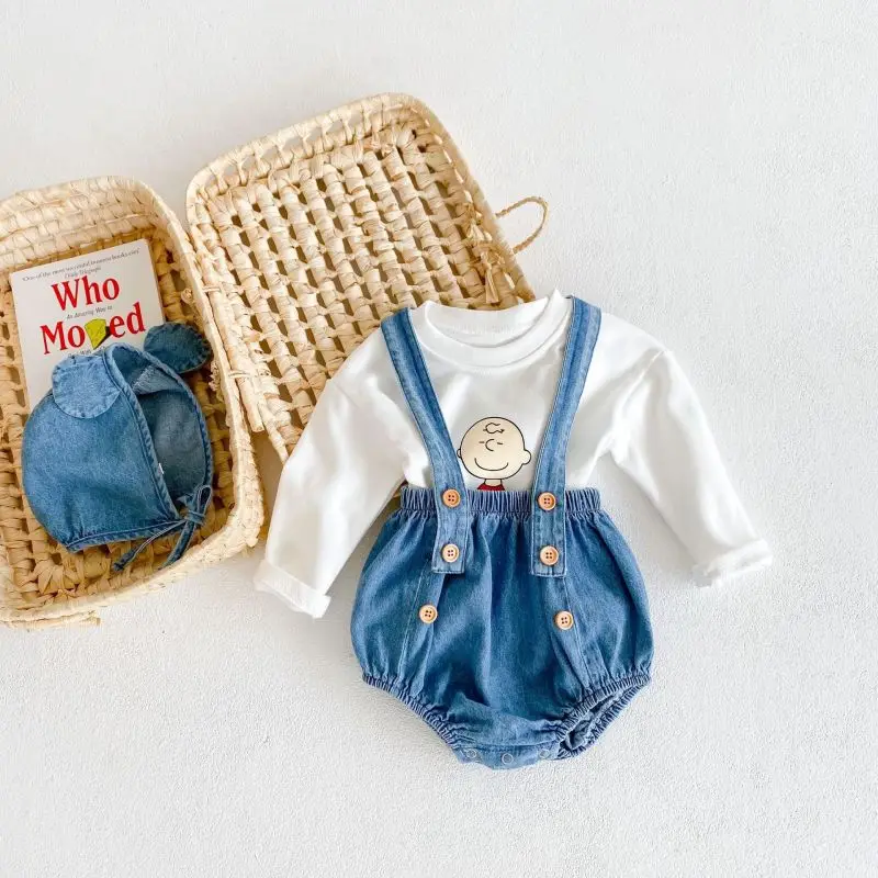 

Newborn Baby Boy Girl Cotton Clothes Set Top+Suspender Romper+Hat 3PCS Infant Toddler Child Denim Suit Baby Clothes 3M-18M