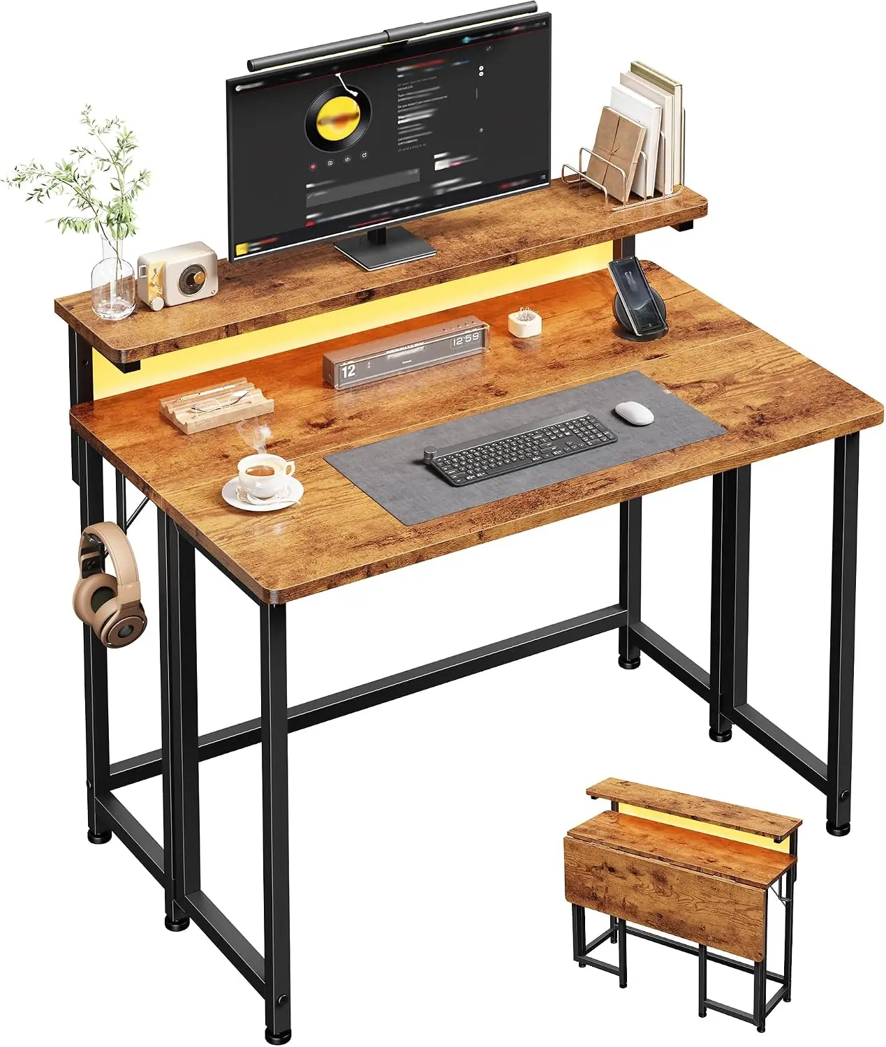 31.5-inch Folding Table with Built-in LED Lights, Monitor Stand & Side Hooks for Small Bedrooms, RVs, Apartments – Steel Frame
