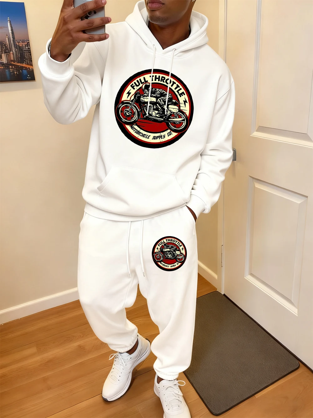 2 قطعة هوديس مجموعة رجالي كامل خنق دراجة نارية يطبع Sweatpants عادية فضفاض الصوف الدافئة الركض وتتسابق الشتاء جيب الملابس