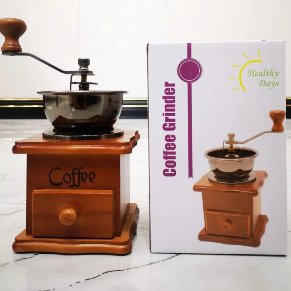 

Household Hand Grinder Coffee Grinder Coffee Maker Coffee Bean Grinder Antique Appearance Stainless Steel Wooden Base