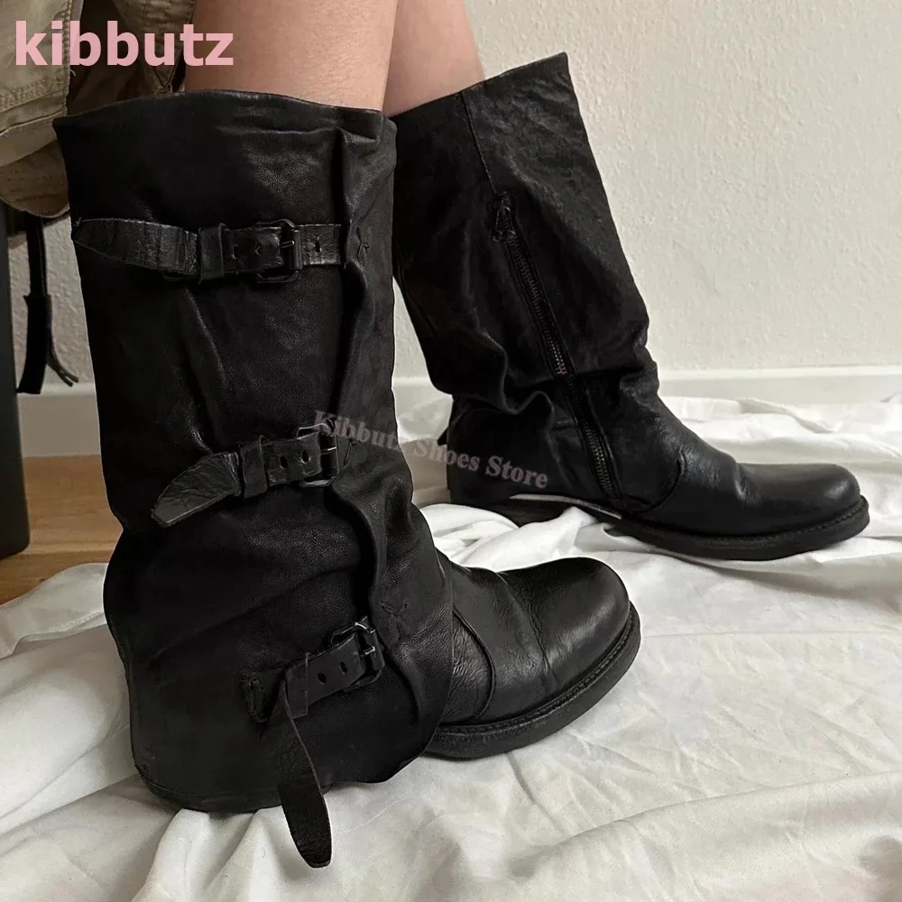 Vintage Knee High Boots Belt Buckle Round Toe Flat with Turned-Over Edge Novelty Leather Solid Color Fashion Elegant Sexy Shoes