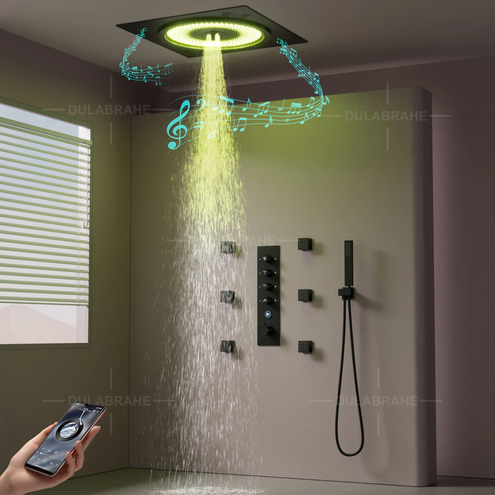 Ceiling Music Led Shower System 20 Inch Rain Shower Head Thermostatic Digital Display Bathroom Shower Faucet Set