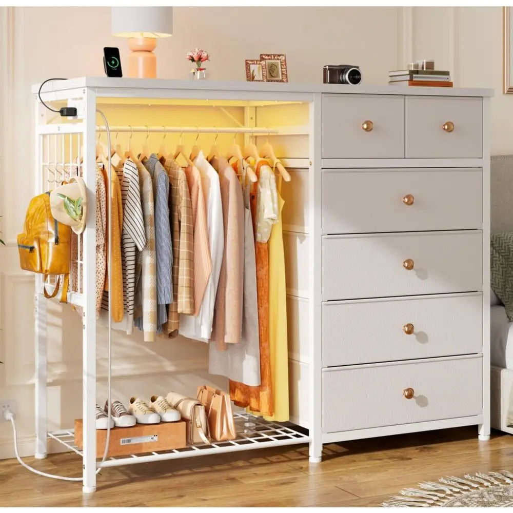 

White Bedroom Furniture Set with Hanging Rack, LED Lights, Charging Station, Fabric Drawers, Chest with Grid Panel and Hooks