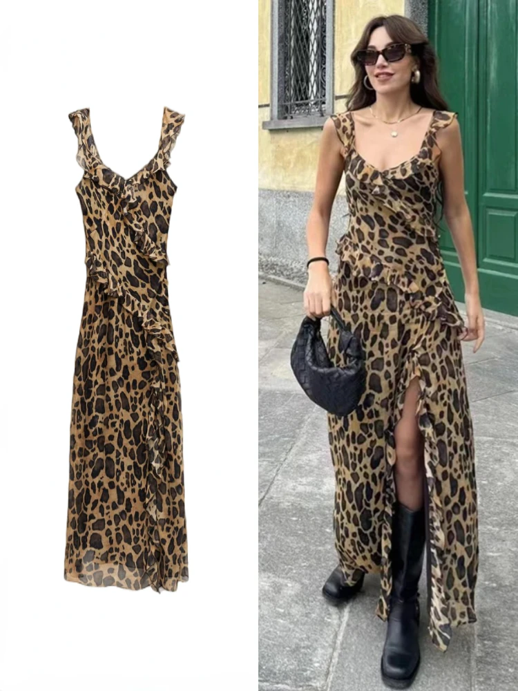 Women's Ruffled Animal Print Dress V-neck Spaghetti Straps Leopard Print Midi Dress Self Ruffle A-line Long Skirt Female Dresses