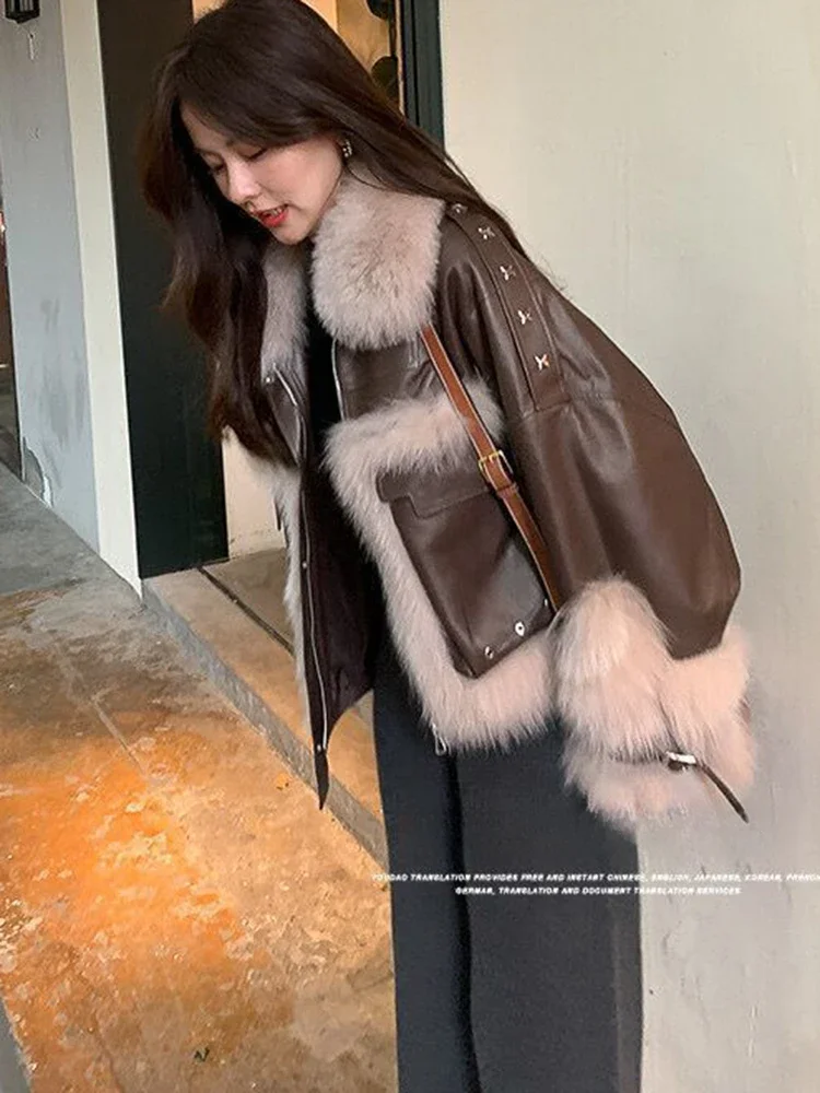 2024 New Winter Lamb Fur Sheepskin Patchwork Coat Faux Fur leather Jacket Streetwear Loose Fur Warm Motorcycle Biker Parka L31