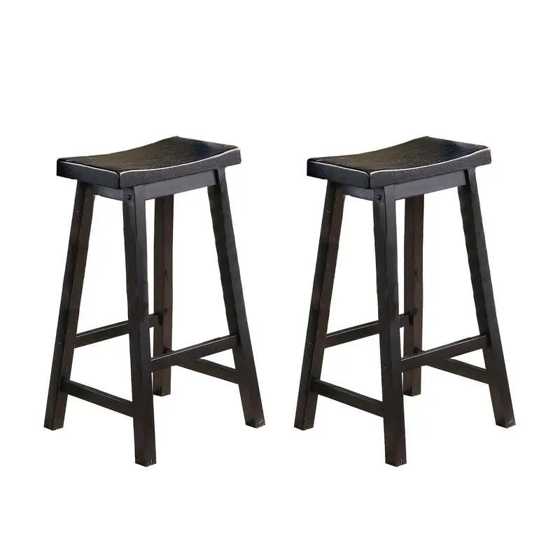 Set of 2 Black 29-Inch Bar Height Stools, Solid Wood Saddle Seat, Casual Dining Furniture