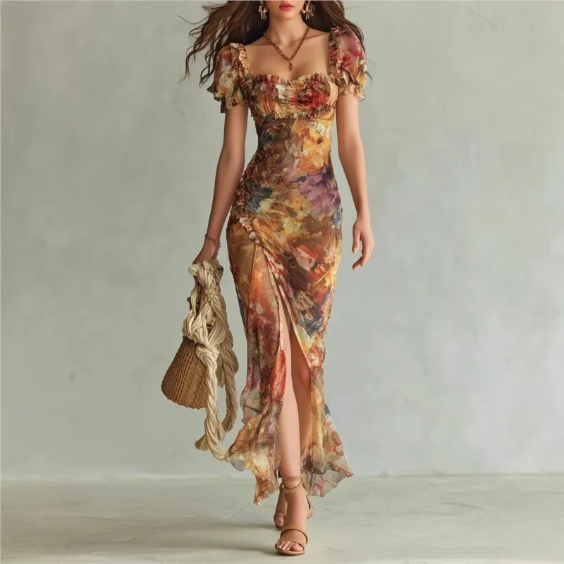 

Sexy Bodycon Print Long Dress Women 2026 Summer Square collar Short Sleeve Slim Ruffle Ruched Waist Slit Hem Dresses Vacation