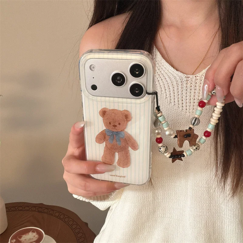 

Korean Ins Stripes Cute Bear Phone Case For iPhone 17 Pro 14 15 16 Pro Max 15Pro Cover with Chain Shockproof Protective Cartoon
