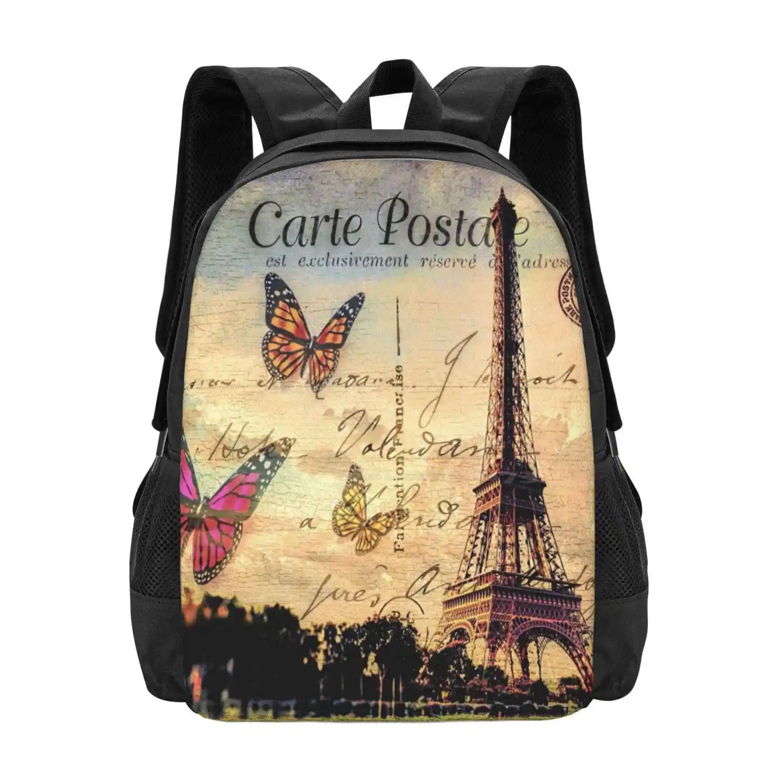 Vintage Paris-Carte Postale Hot Sale Schoolbag Backpack Fashion Bags Post Stamp Paris Sunset Summer Trees Nature Landscape