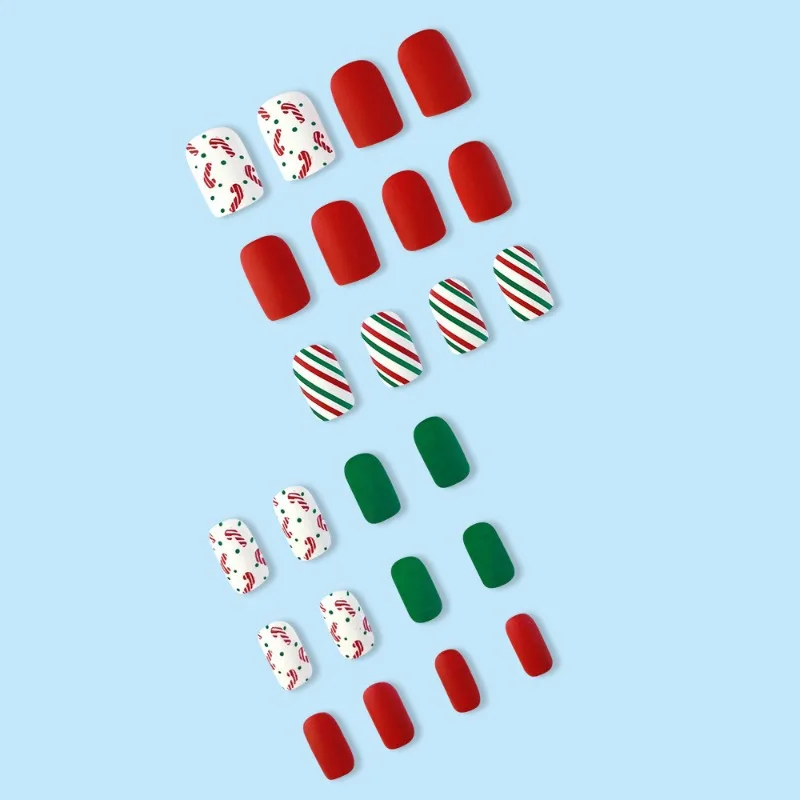 24pcs Christmas Frosted Colorful Stripes Red Green Press on Nails To Stick on False Nail Fake Nails with Design Short Medium