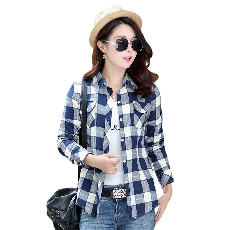 

Fashion Women's Flannel Plaid Shirts Oversize Thin Cotton Pockets Checkered Shirt Female Slim Turn-down Collar Blouses M-5XL