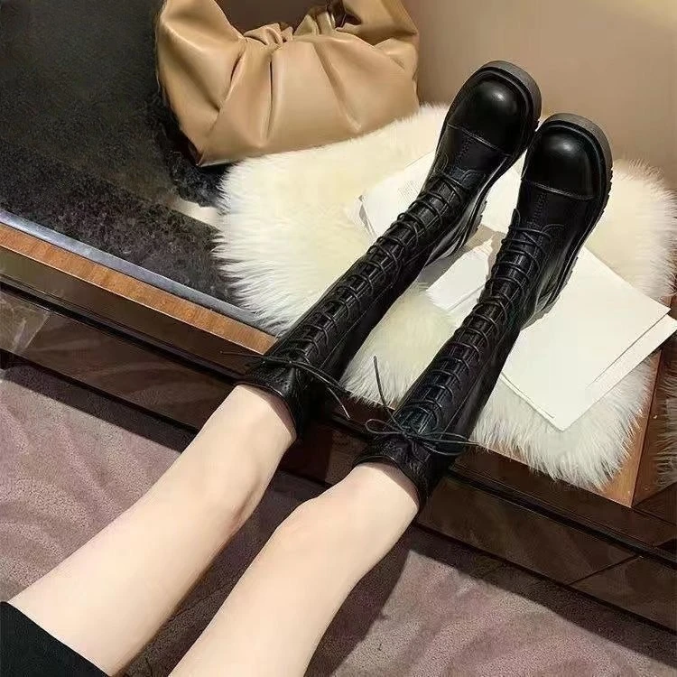 British Style Black Platform Women's Long Boots Chic and Elegant Footwear on Promotion Hot Gothic Ladies Knee High Shaft Shoes