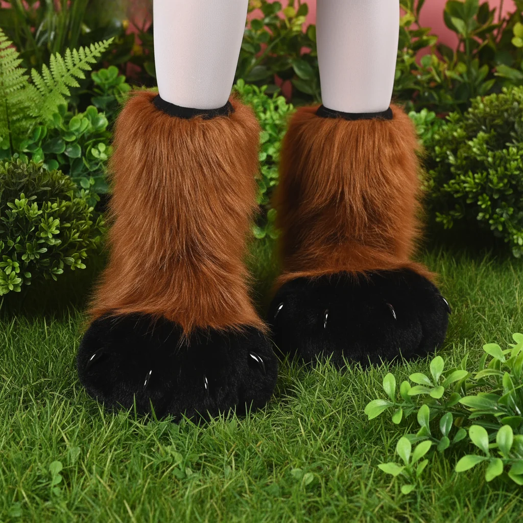 Furry Fursuit Paws Shoes Faux Fur Animal Claw Boots Cosplay Costume Footwear for Halloween Party
