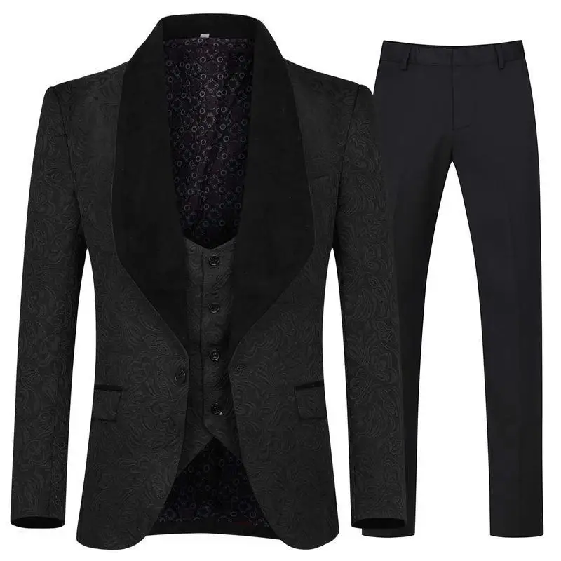 

High Quality Retro carving Party Dress Slim Fit Tuxedo Prom Suit Fashion black Male Groom Wedding three-piece