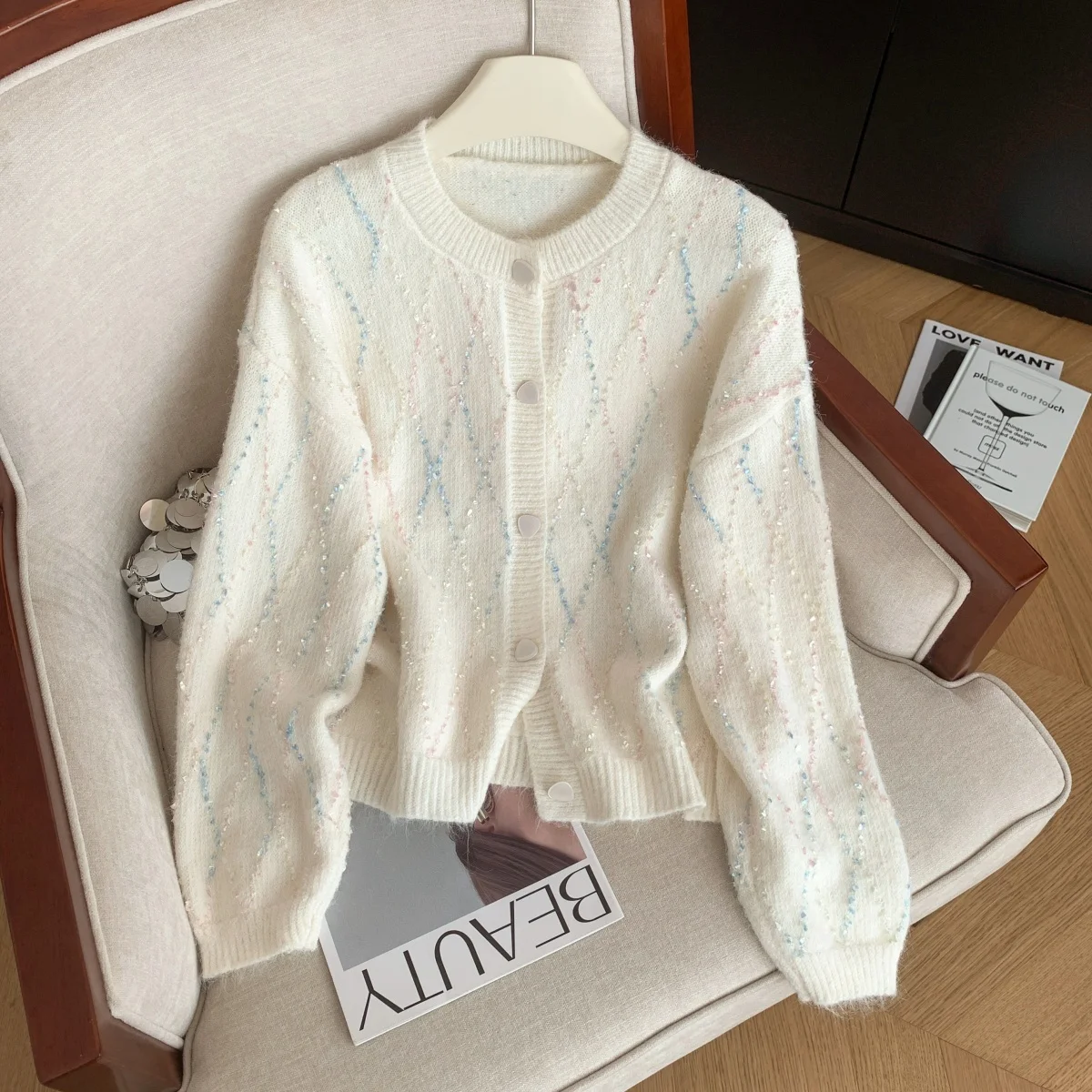 

Женский абрикосовый кардиган, свитер, винтажный эстетический джемпер 2000-х годов Y2k с круглым вырезом, трикотаж, свитер с длинными рукавами, осенне-зимняя одежда