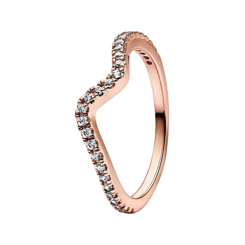 

Curved Wave Stack Finger Rings For Women Wedding Bands 14K Rose Gold Fine Jewelry Prong Setting Brilliant Cut Round Clear Zircon