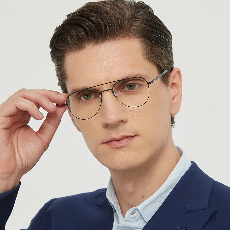 Fashion Men Pilot Oval Pure Titanium Glasses Frame Ultralight Screwless Women Double Beam Eyeglasses Light Weight Spectacle Gafa
