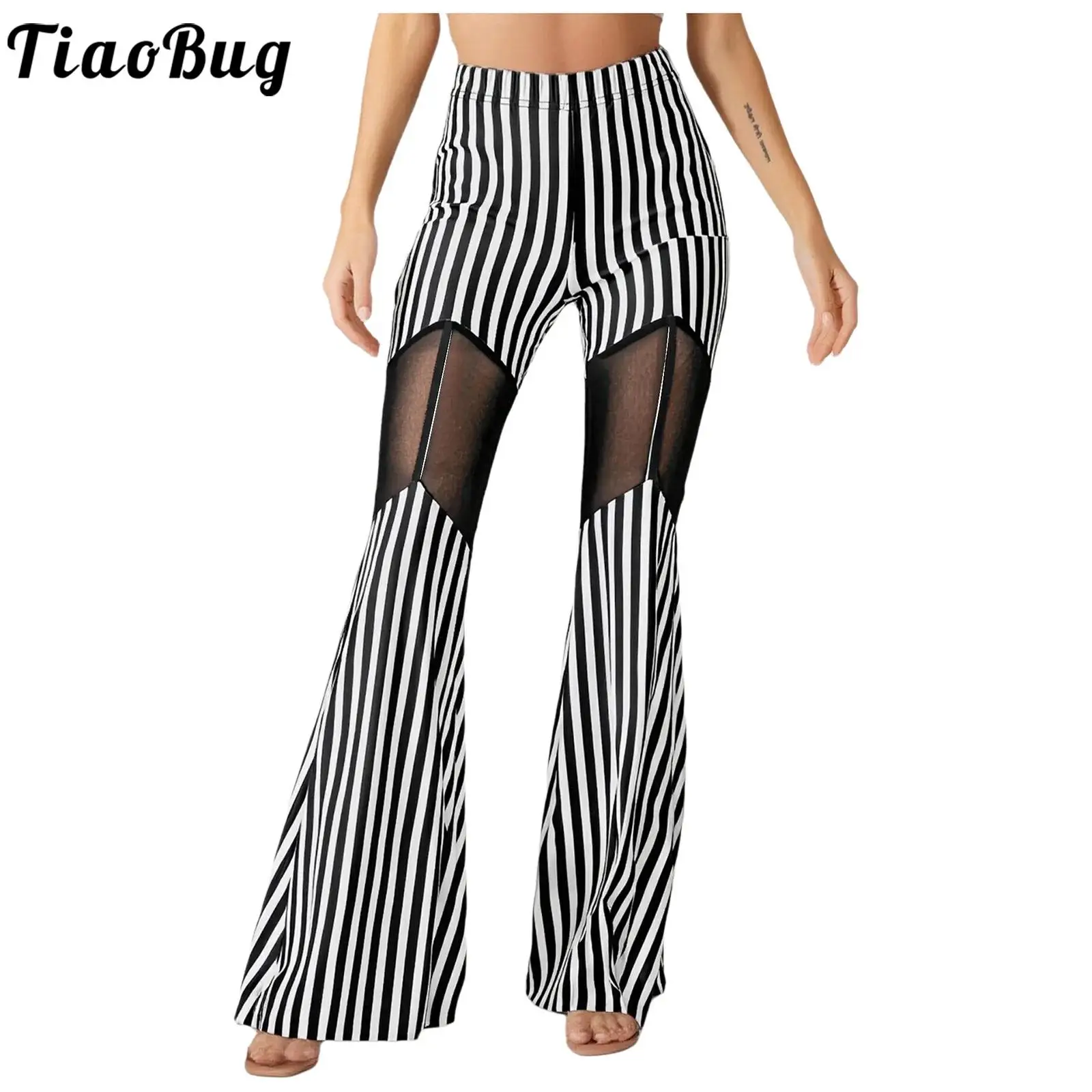 

Women 70s Disco Costume Jazz Dance Striped Flared Pants Mesh Patchwork Bell Bottom Trouser for Halloween Circus Clown Cosplay