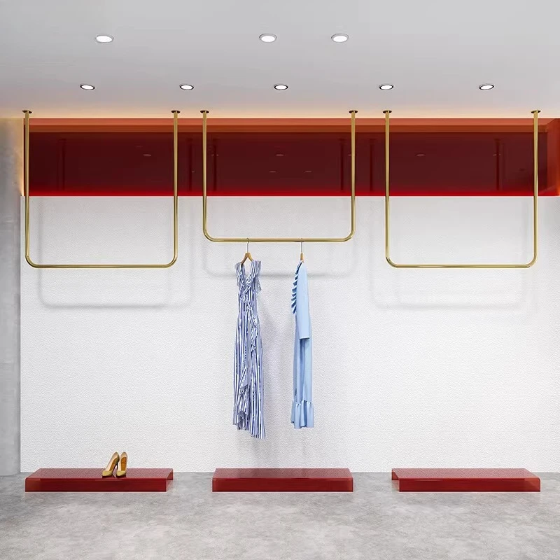 Clothing store display rack hanging titanium stainless steel display rack middle island side hanging clothes rack women's clothi