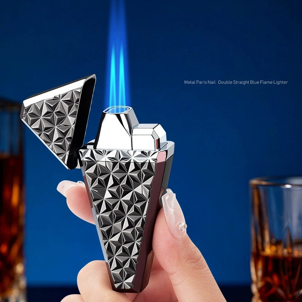 Diamond diamond pattern double straight jet lighter, windproof double-sided precision carved visible air chamber cigar lighter