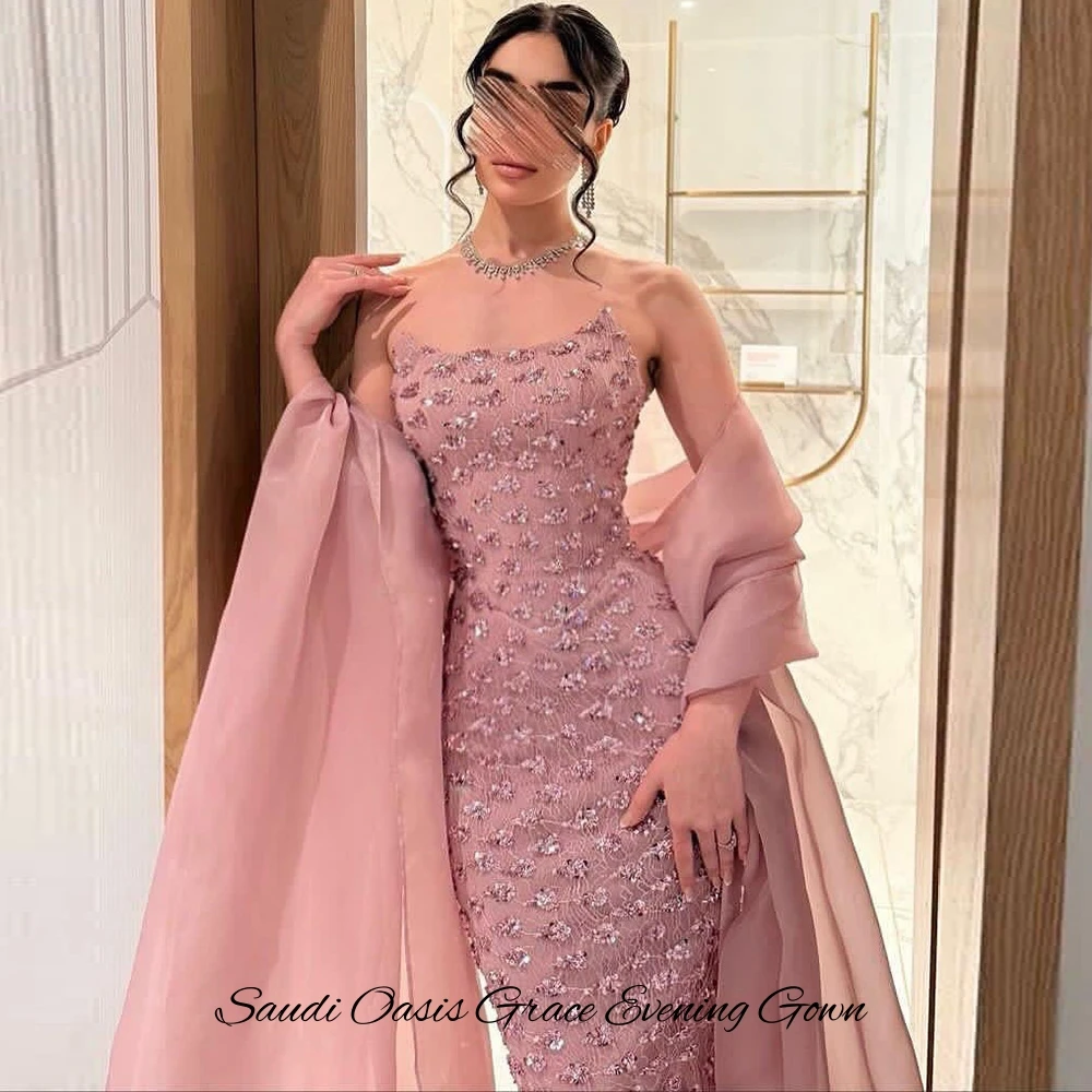 Elegante personalizado sem mangas sem alças com xale requintado lantejoulas sereia vestido de festa temperamento tule vestidos de celebridades