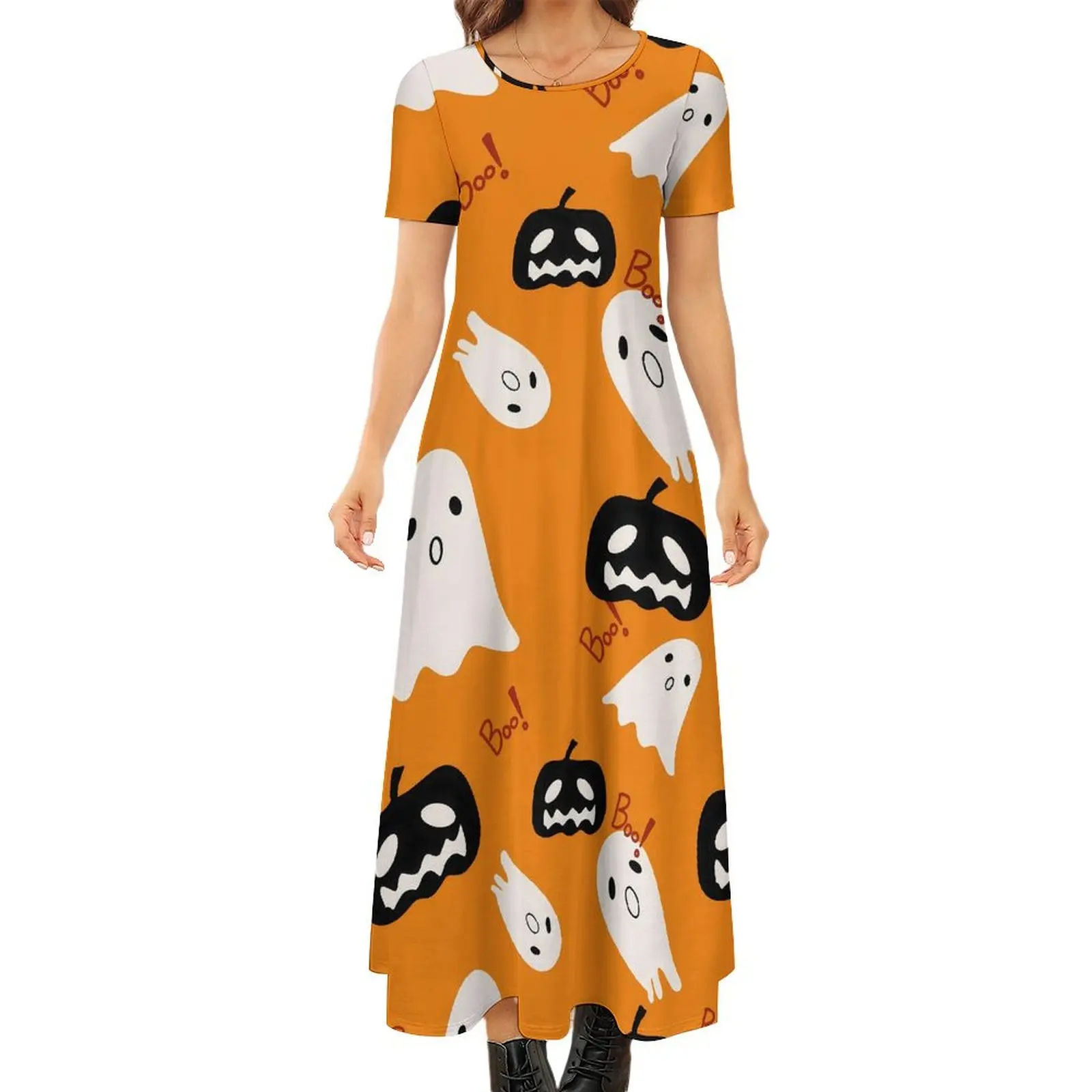 

Happy Haunts Dress Halloween Pumpkin Ghost Elegant Maxi Dress Women Short Sleeve Aesthetic Boho Beach Long Dresses Large Size