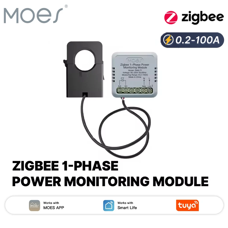 

MOES Tuya Zigbee Smart 1-Phase Energy Power Meter 100A APP Monitoring Module Bidirectional With Current Transformer Sensor Clamp