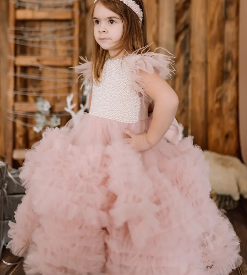 

Puffy Flower Girl Dress For Wedding Tulle Beaded Pearls Feather Sleeve Baby Princess Birthday Evening Party Gowns