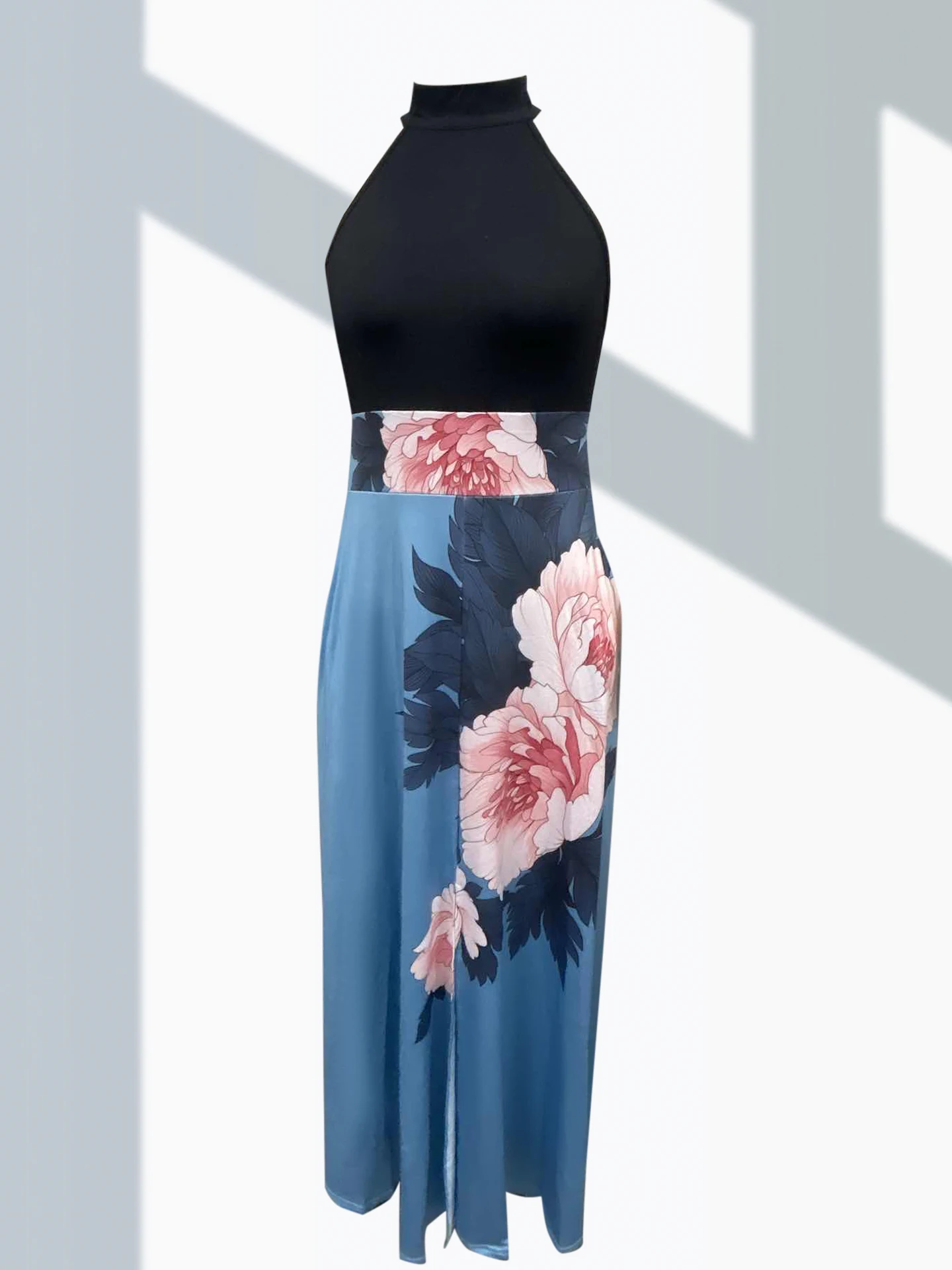 Flower Printed Split Backless Women Dresses Summer Sexy O Neck Sleeveless Robe Dress Elegant High Waist Hollow Boho A-Line Dress