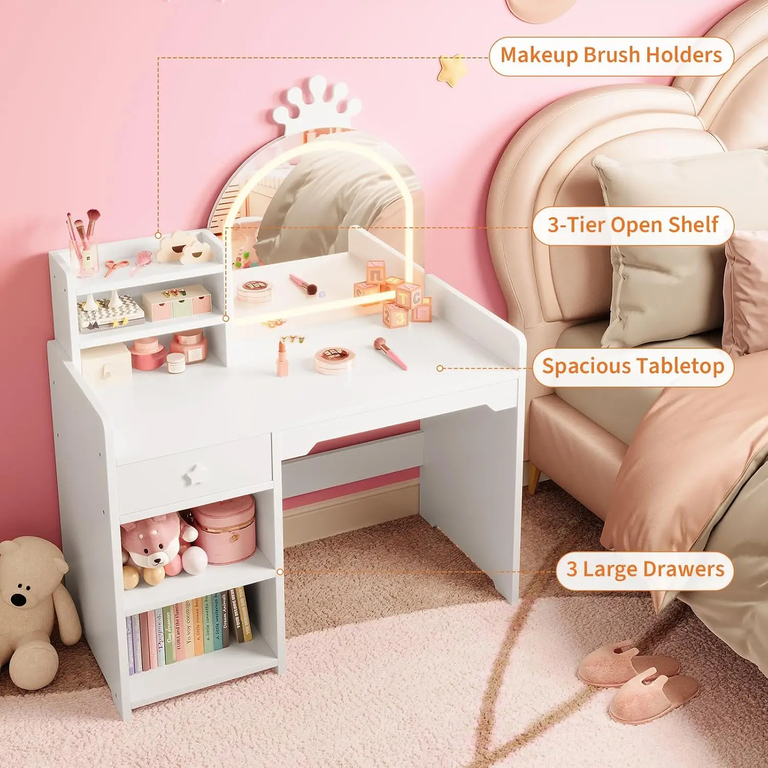 Kids Vanity Set with Lighted Mirror, 2-in-1 Princess Toddler Vanity Table & Chair Set with Open Bookshelf, Storage Cabinet & Shelves, for Little Girls view 4