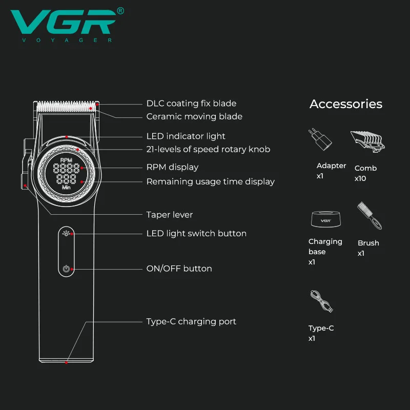 VGR Hair Trimmer 9000RPM Hair Trimmer Cordless Professional Rechargeable 21-Gears Speed Adjustable Hair Trimmer for Men V-001