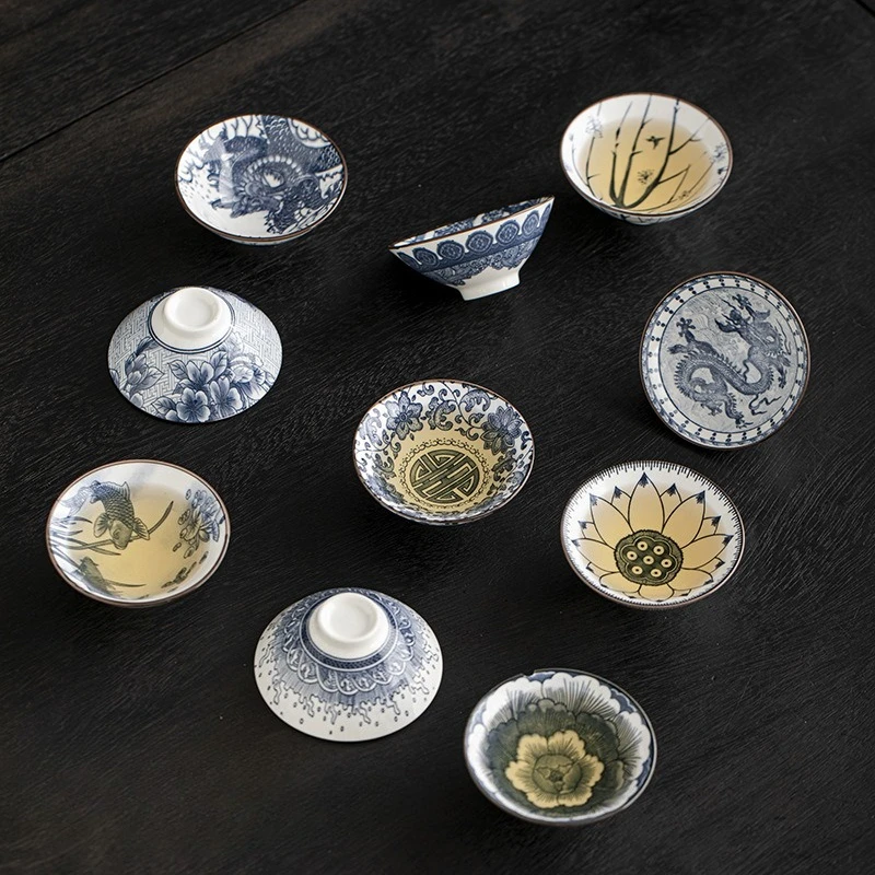 70ml 10 Pieces/box Blue and White Porcelain Tea Bowl Ceramic Kung Fu Tea Cup with Gift Box Packaging Tea Set