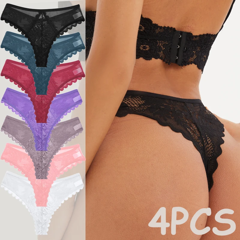 4Pcs/Set Women Sexy Lace Floral Thongs Panties Solid Color Perspective Underwear High Waist Breathable Female Intimates Lingerie