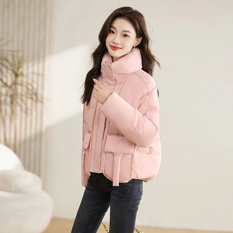 

Female Short White Duck Down Jacket, Stand Collar, Thick, Warm, Monochromatic Coat, New Fashion, Winter