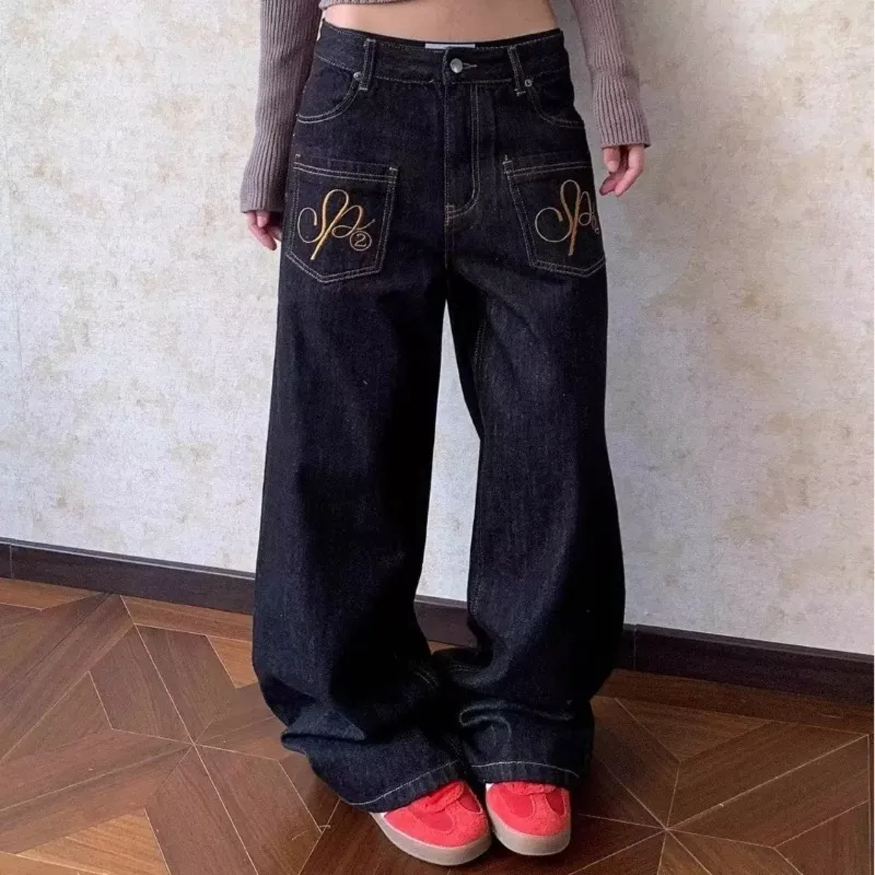 Plus Size Y2K American Vintage Trendy Brand Low-Rise Loose Women’s Embroidered Curved-Leg Jeans Japanese Harajuku Casual Pants