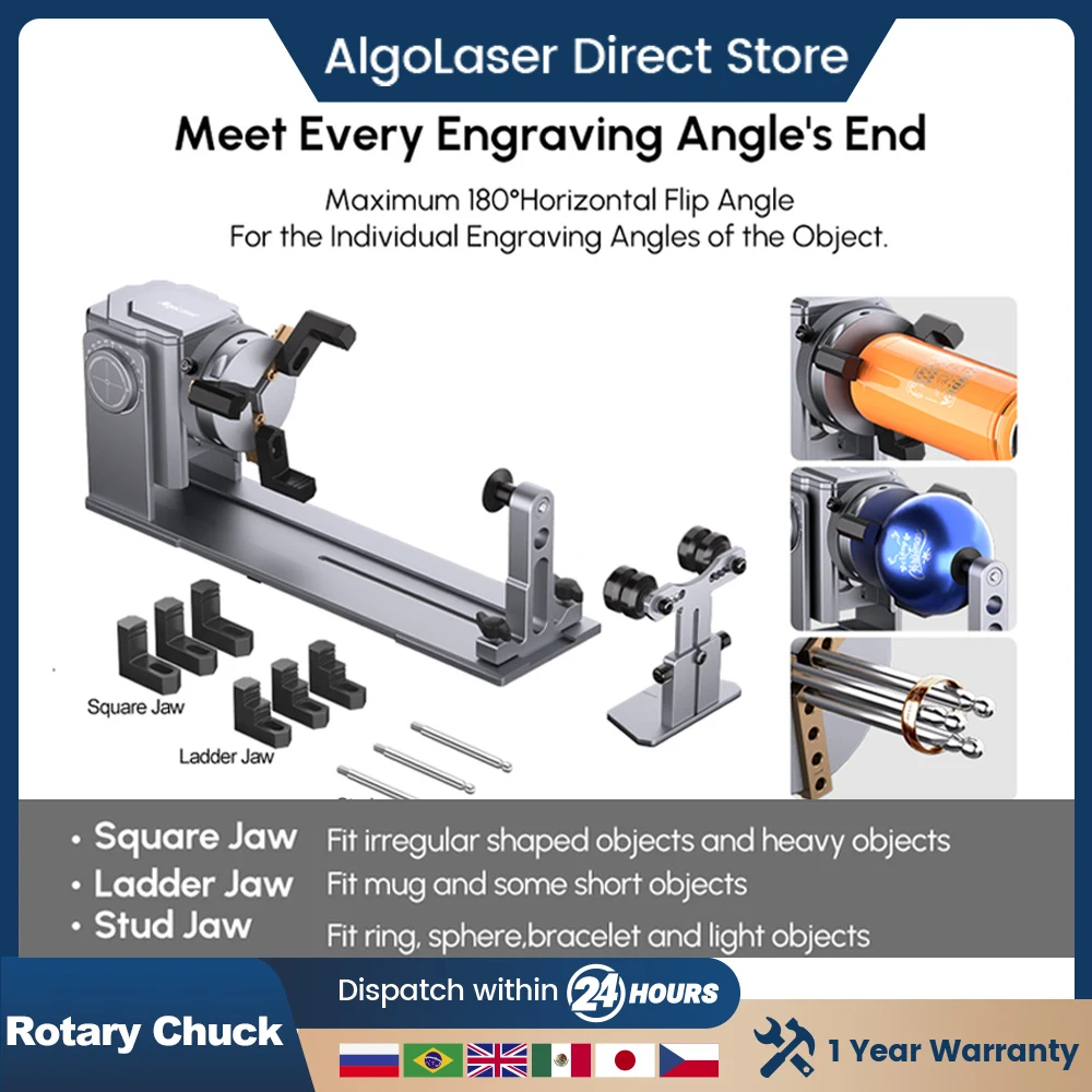 ظرف دوار Algolaser لوحدة دوارة للنقش بالليزر على المحور Y 180 °   زاوية قابلة للتعديل للنقش بالليزر والأشياء غير المنتظمة
