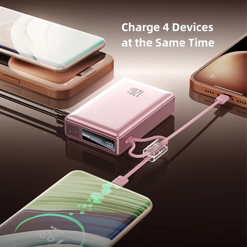 20000mAh Power Bank 120W Super Fast Charging For iPhone 16 15 Samsung Xiaomi Portable External Battery Powerbank Built in Cable